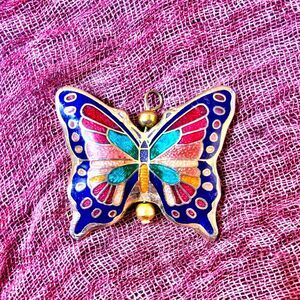 Vintage Cloisonné Butterfly Necklace Pendant 1970s